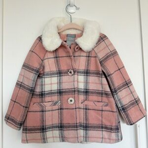 Tahari Pink Plaid Pea Coat with Faux Fur Collar